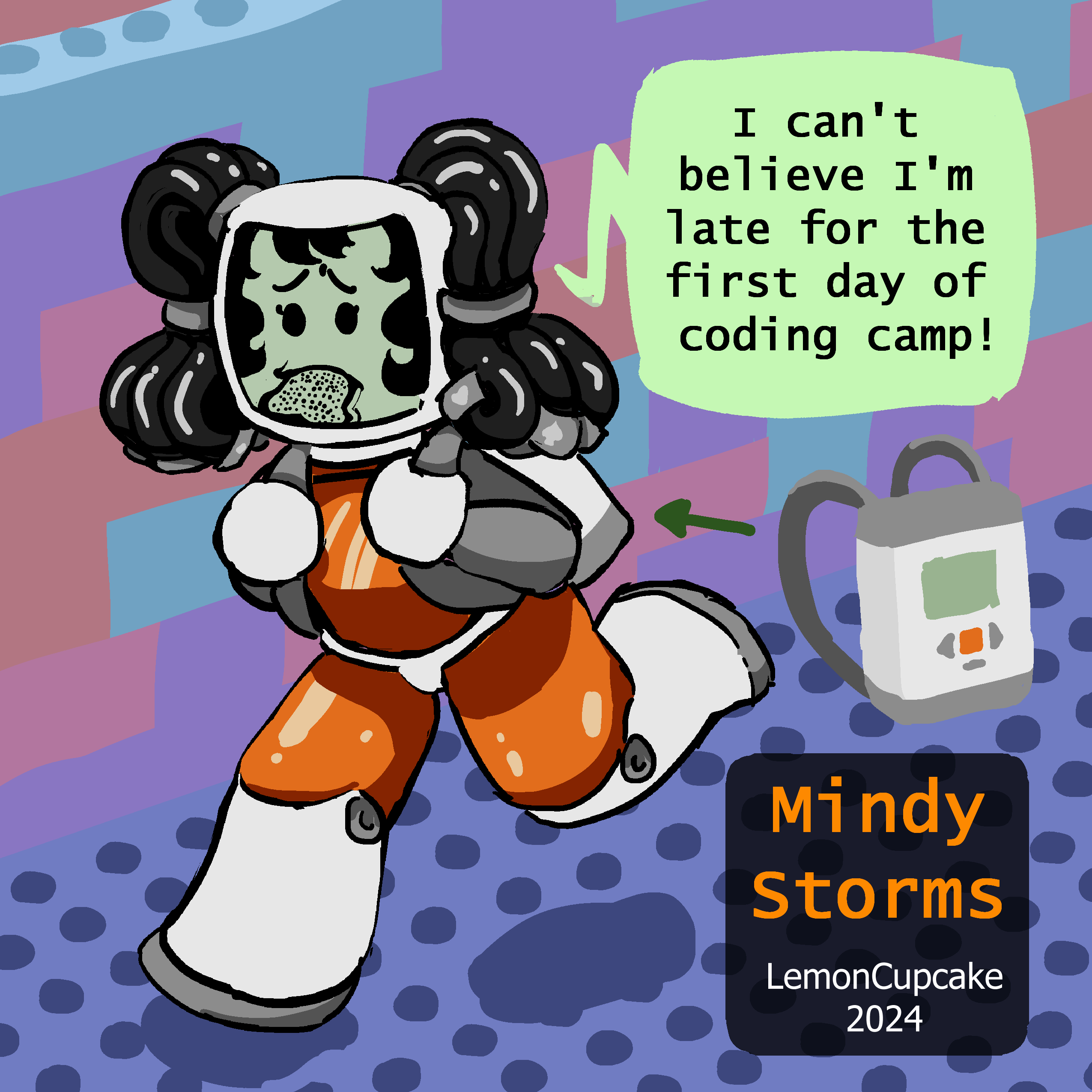 Image: An android shaped similar to a lego minifig with a Mindstorms NXT backpack. Short and compact. Palette is white, grey, orange. Hair is black cables tied in two ponytails. Face is an led screen. Braces are lego studs. "I can’t believe I’m late for the first day of coding camp!"